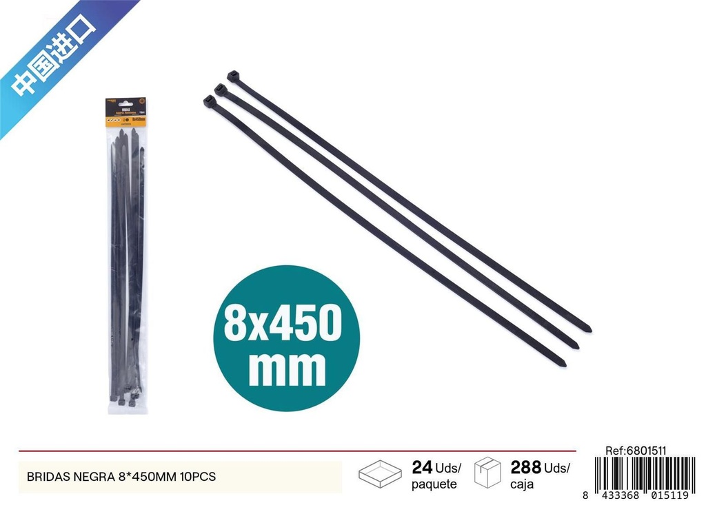 Bridas negras 8*450mm 10pcs para sujeción y organización