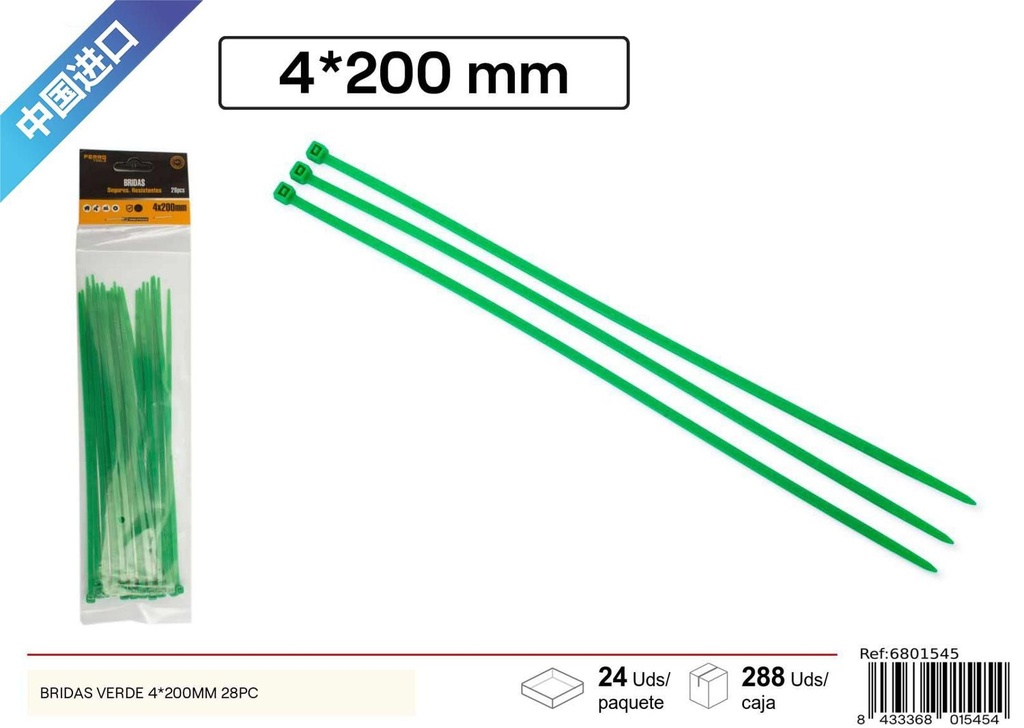 Bridas verdes 4x200mm 28pcs para fijación