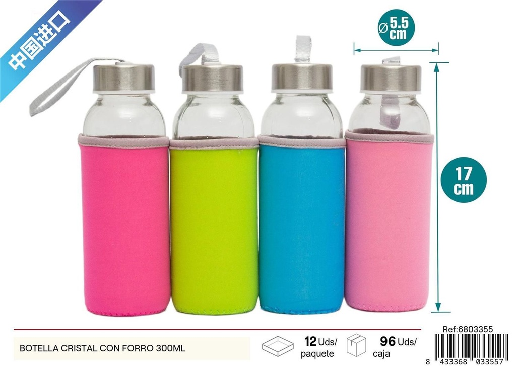 Botella de cristal con forro 300ml en azul, rosa y verde manzana - Utensilios de cocina