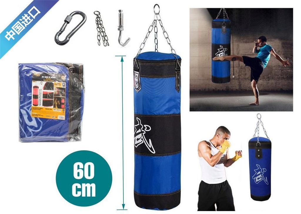 Kit saco de boxeo 60cm con cadena, gancho y cierre para entrenamiento