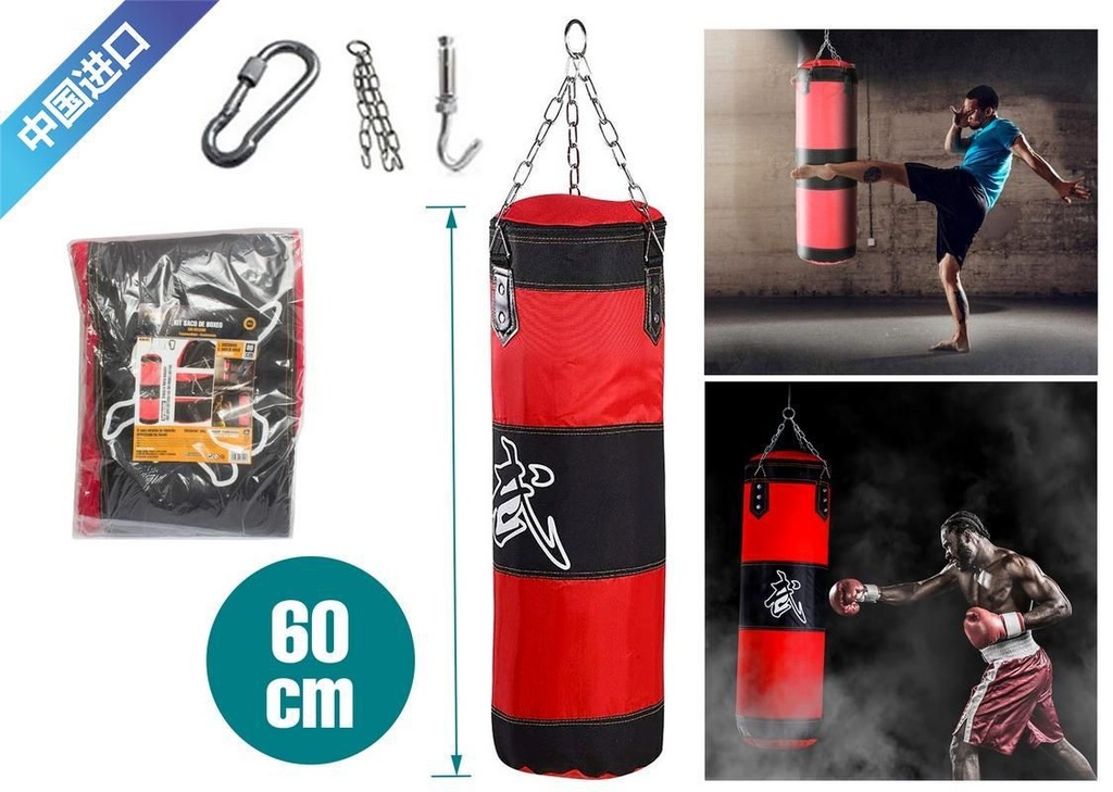 Kit saco de boxeo 60cm con cadena y ganchos para entrenamiento