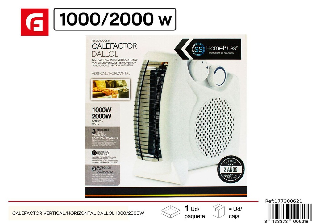 Calefactor vertical/horizontal Dallol 1000/2000W para calefacción