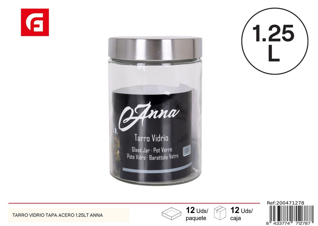 Tarro de vidrio con tapa de acero 1.25lt Anna - Vidrio y cerámica