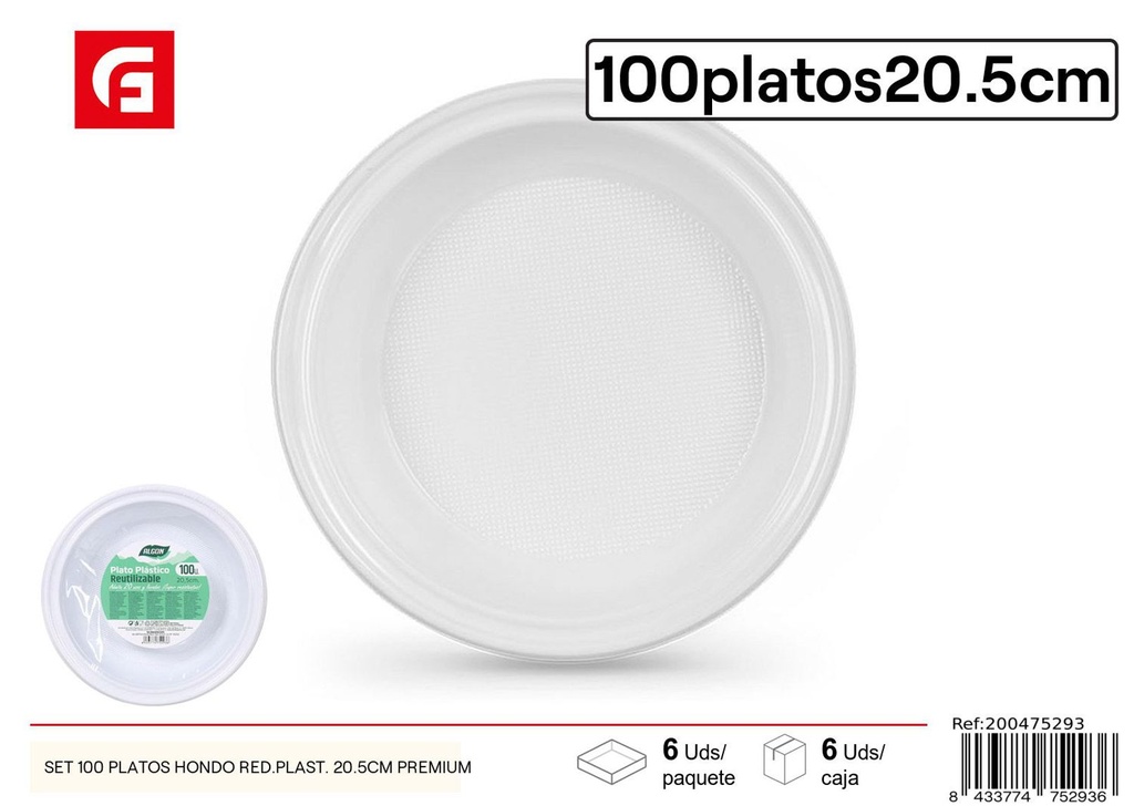 Set de 100 platos hondos de plástico redondos 20.5cm premium