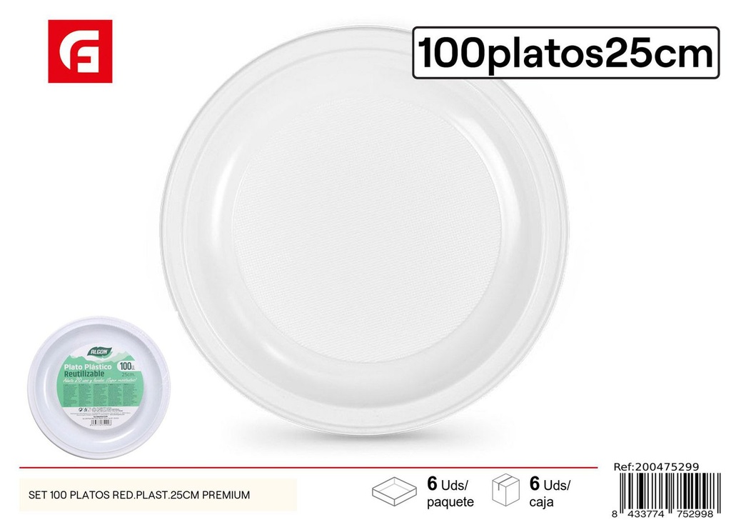 Set de 100 platos redondos de plástico 25cm premium para fiestas