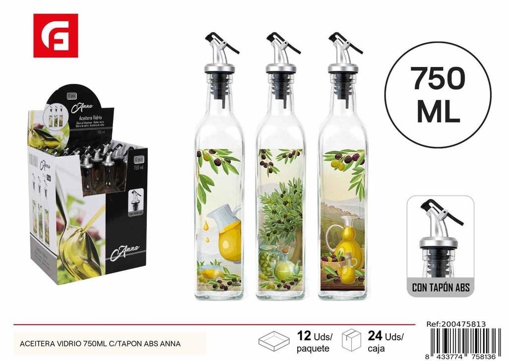 Aceitera de vidrio 750 ml con tapa ABS Anna - Cristalería