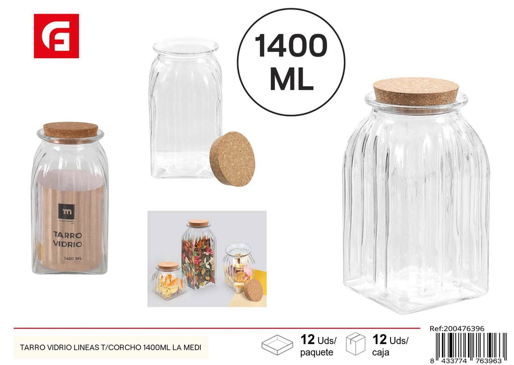 Tarro de vidrio con líneas y tapa de corcho 1400ml para cocina