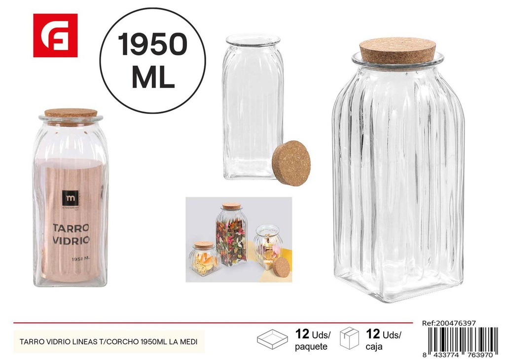 Tarro de vidrio con líneas y tapa de corcho 1950ml para almacenamiento