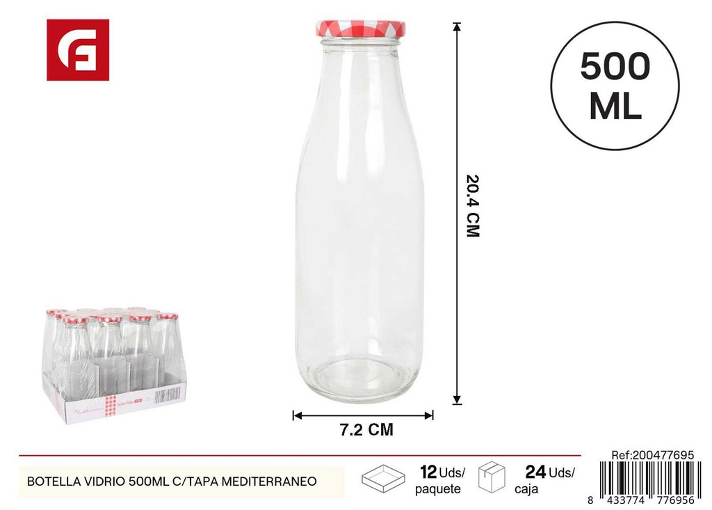 Botella de vidrio 500 ml con tapa Mediterráneo - Cristalería