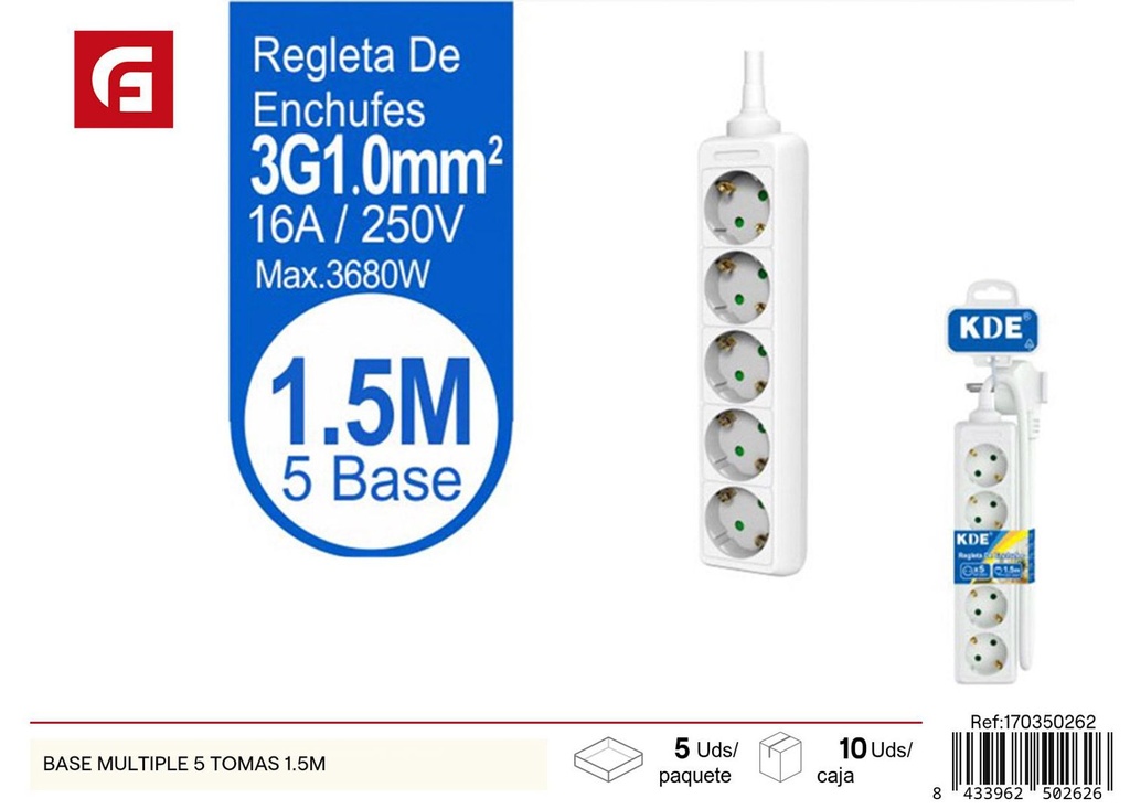 Base múltiple con 5 tomas y cable de 1.5m para conexiones eléctricas