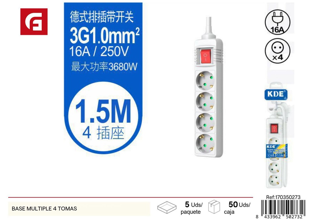 Base múltiple 4 tomas para electricidad y conexión