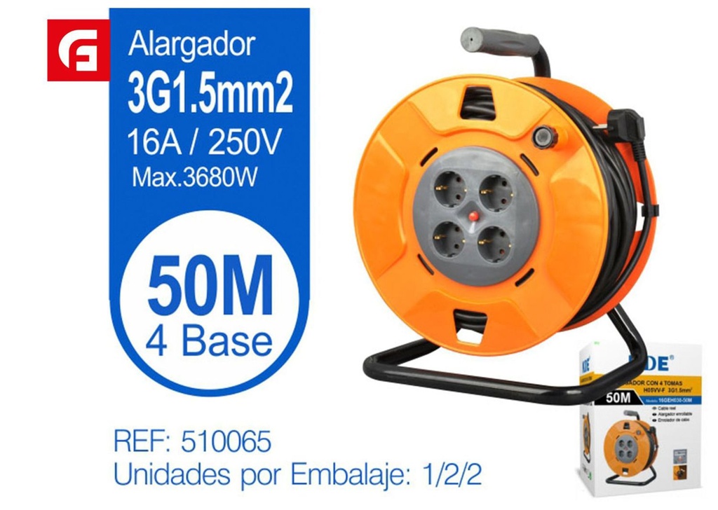 Alargador enrollable 4 tomas 50m para uso eléctrico