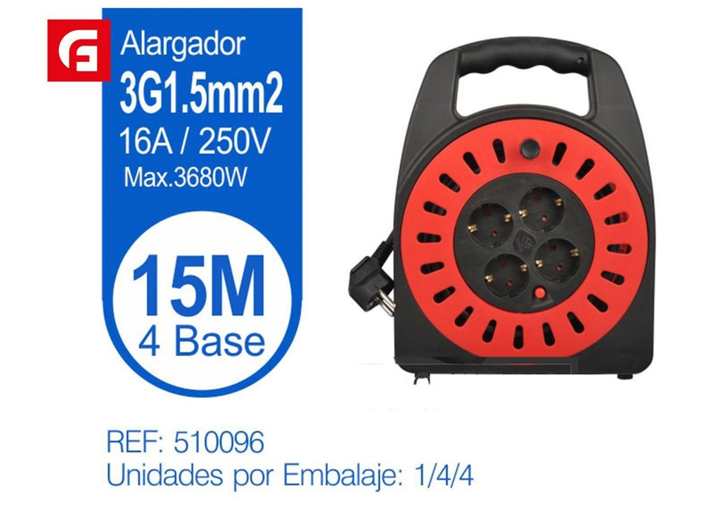 Alargador enrrollable con 4 tomas 15m para electricidad