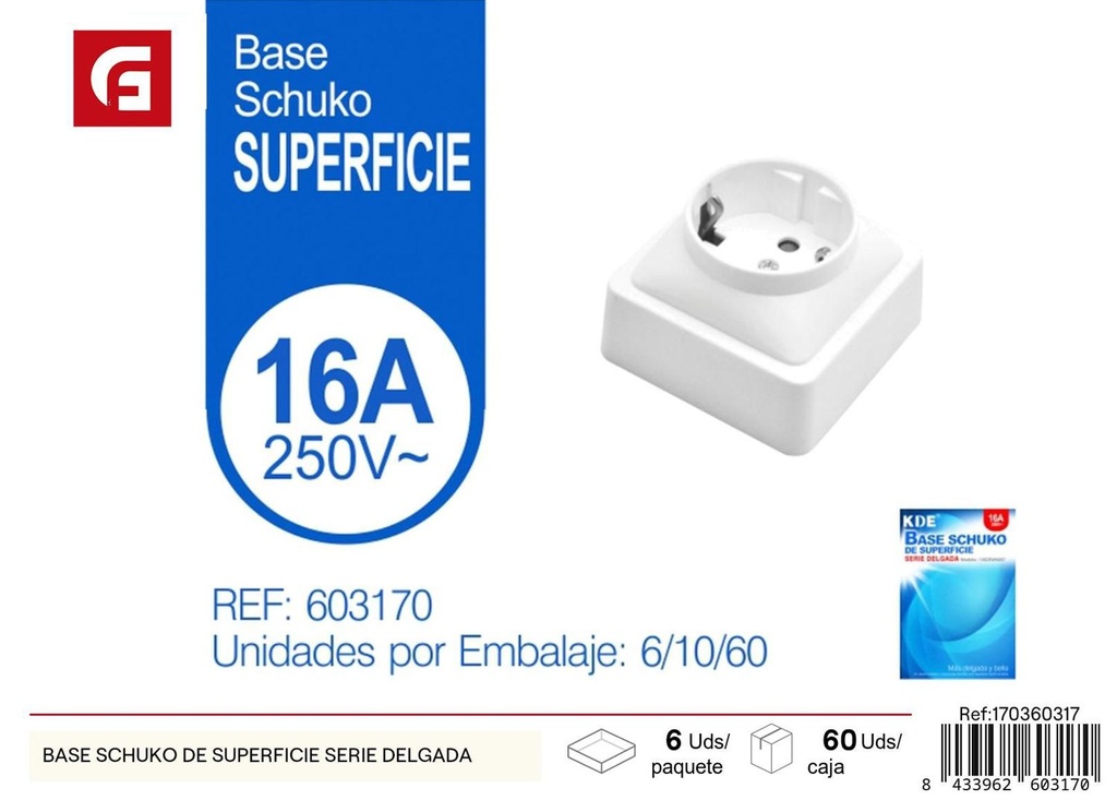 Base Schuko de superficie 16A 250V serie delgada - Electricidad