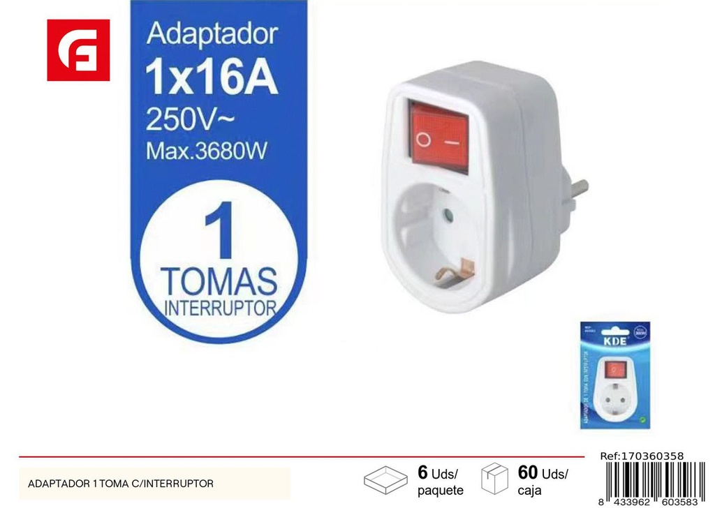 Adaptador 1 toma con interruptor - Suministros eléctricos 