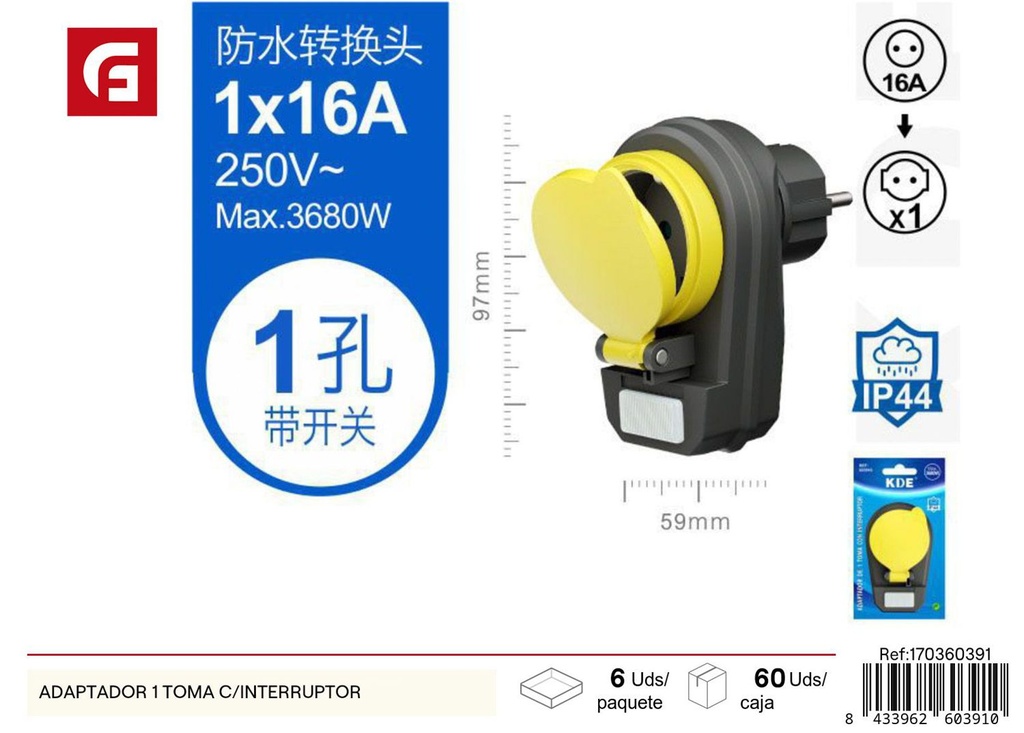 Adaptador eléctrico 1 toma con interruptor para enchufes