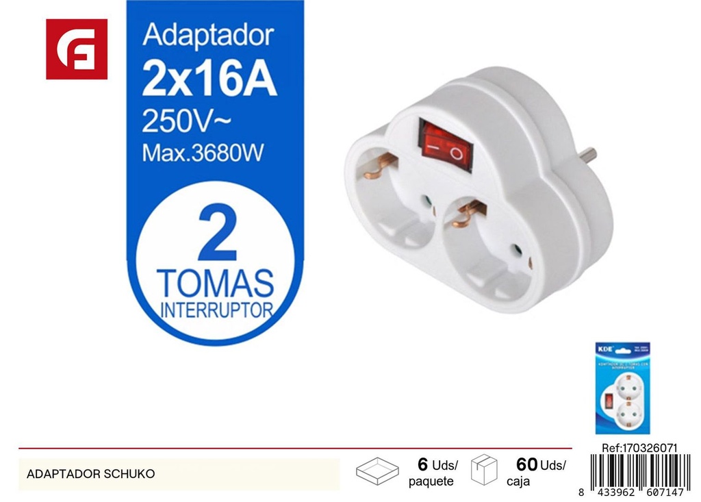 Adaptador Schuko 2*16A 250V 3680W - Accesorios eléctricos