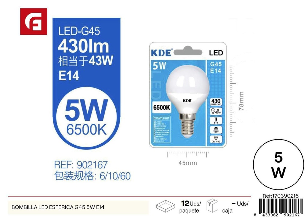 Bombilla LED esférica G45 5W E14 - Iluminación