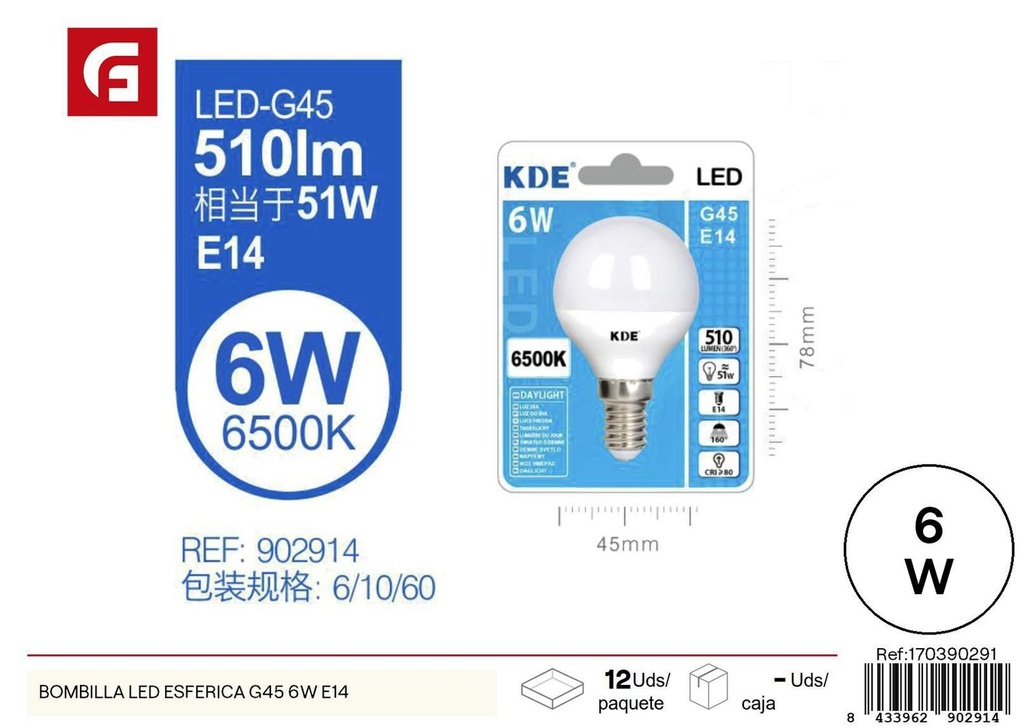 Bombilla LED esférica G45 6W E14 - Iluminación