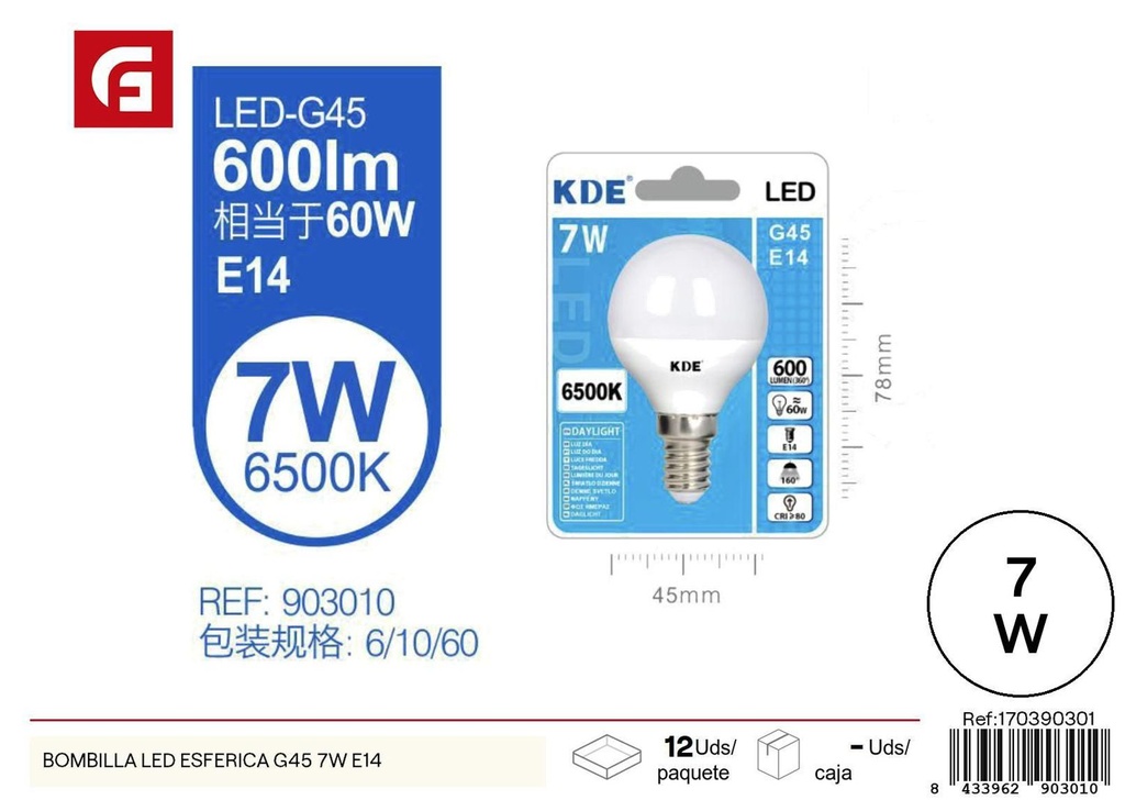 Bombilla LED esférica G45 7W E14 para iluminación