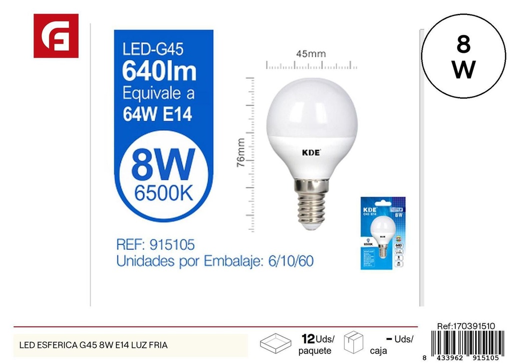 Bombilla LED esférica G45 8W E14 luz fría