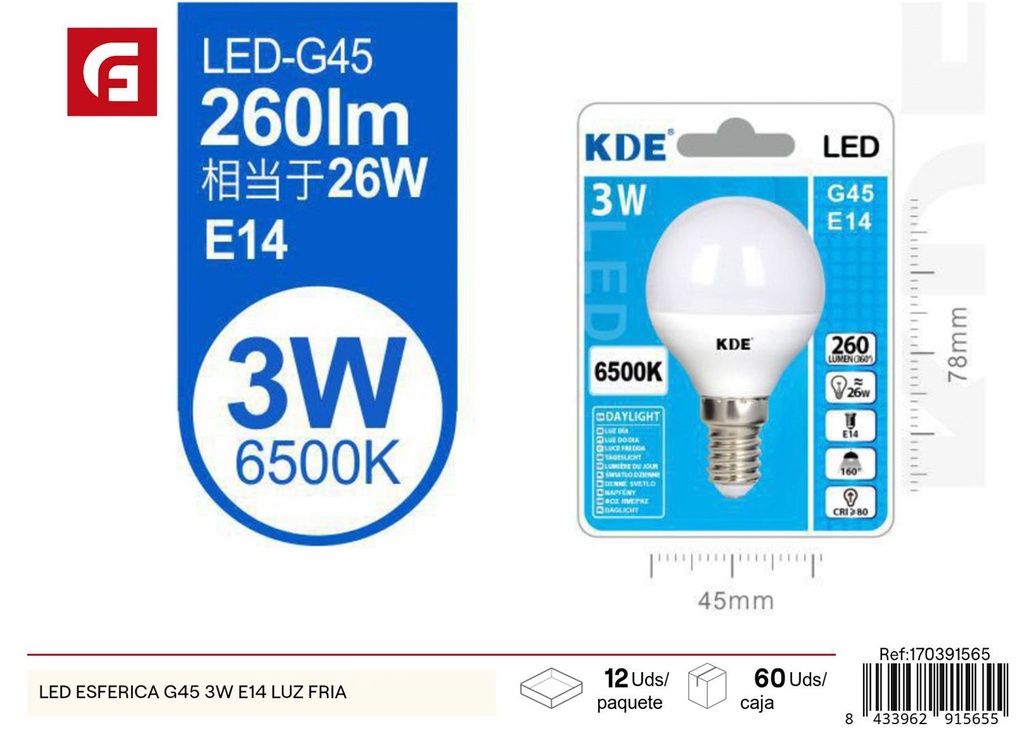 Bombilla LED esférica G45 3W E14 luz fría - Iluminación