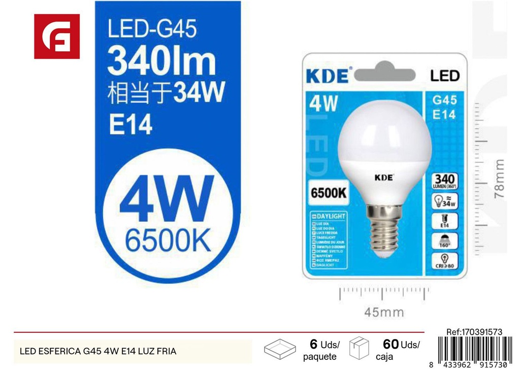 Bombilla LED esférica G45 4W E14 luz fría