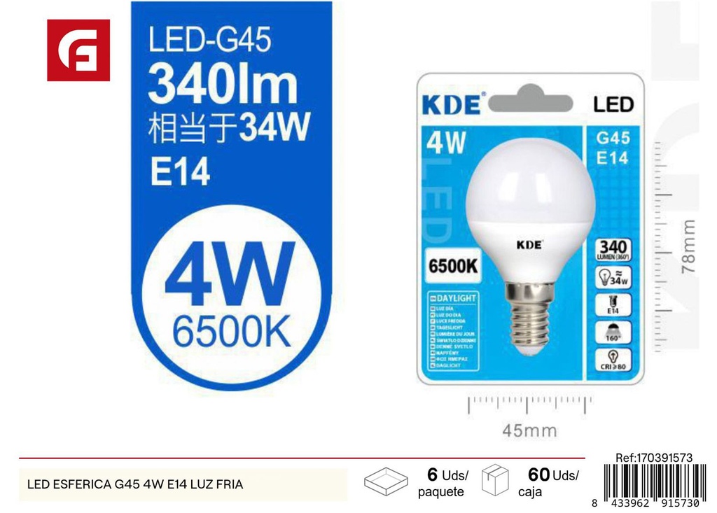 Bombilla LED esférica G45 4W E14 luz fría