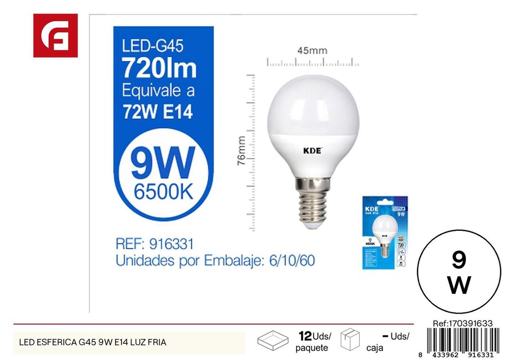 Bombilla LED esférica G45 9W E14 luz fría - Iluminación LED eficiente