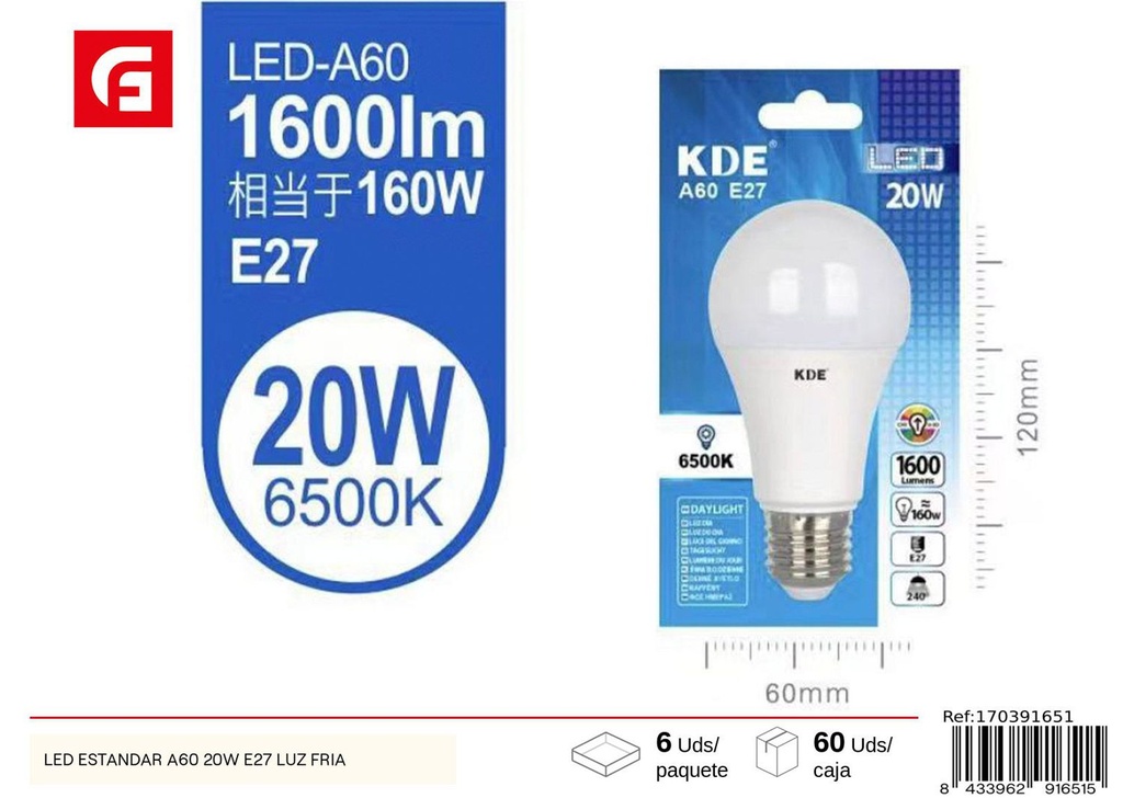 Bombilla LED estándar A60 20W E27 luz fría para iluminación eficiente