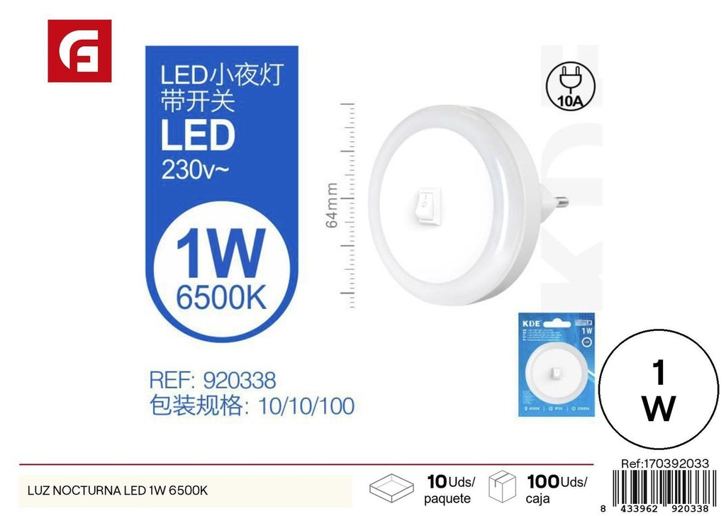 Luz nocturna LED 1W 6500K para iluminación suave y segura