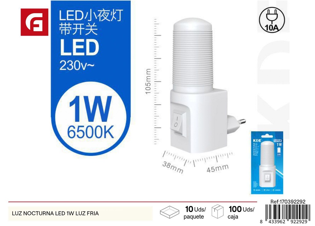 Luz nocturna LED 1W con enchufe y switch - Iluminación y luces decorativas