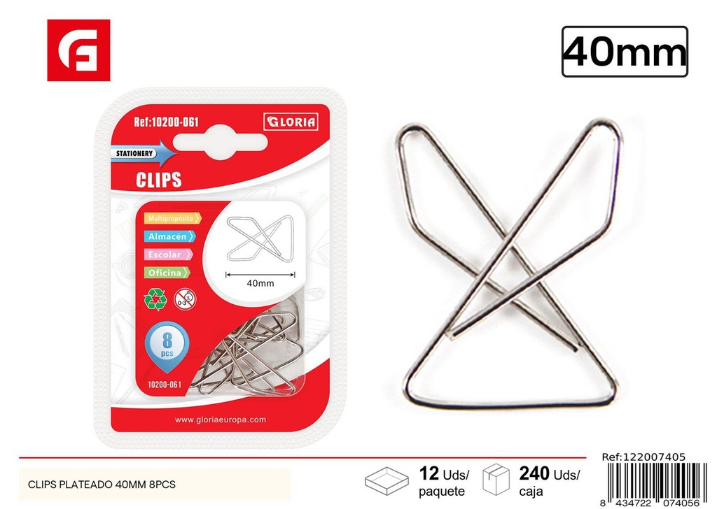 CLIPS PLATEADO 40MM 8PCS - Material de oficina