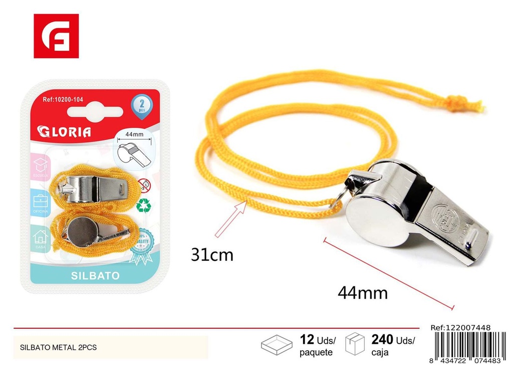 Silbato metálico con cordón, pack de 2pcs