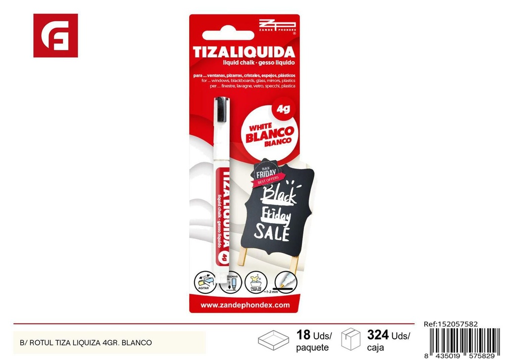 Rotulador de tiza líquida blanco 4gr para pizarras y superficies no porosas