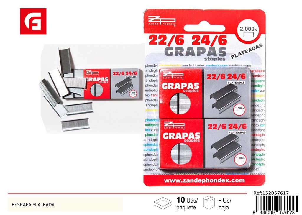 Blister de 2 cajas de grapas plateadas N22/6 - Material de oficina y grapadoras