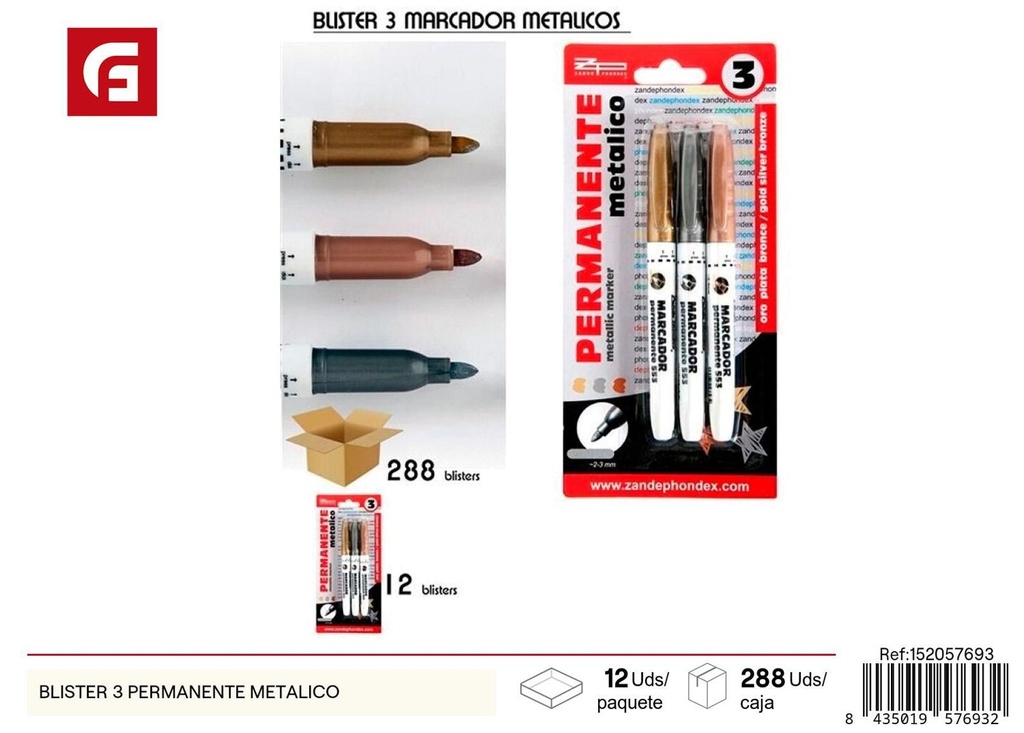 Pack de 3 marcadores permanentes metálicos - Material escolar