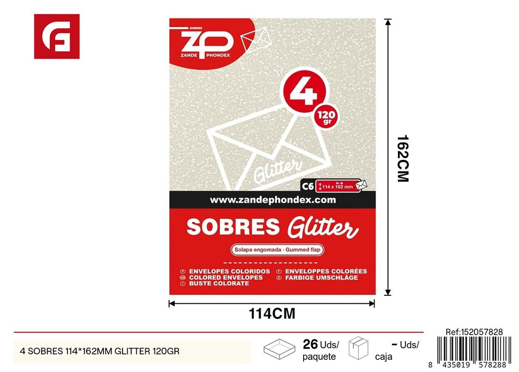 Sobres brillantes 4 unidades 114x162mm glitter 120gr para correspondencia