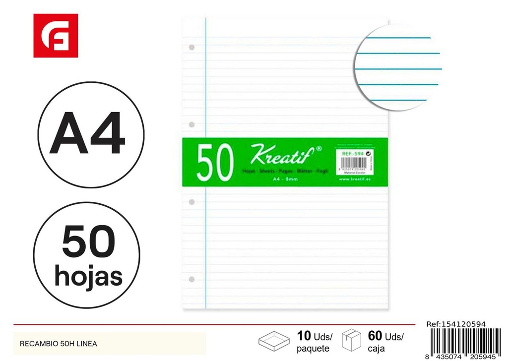 Recambio 50 hojas línea - Material de oficina y papelería