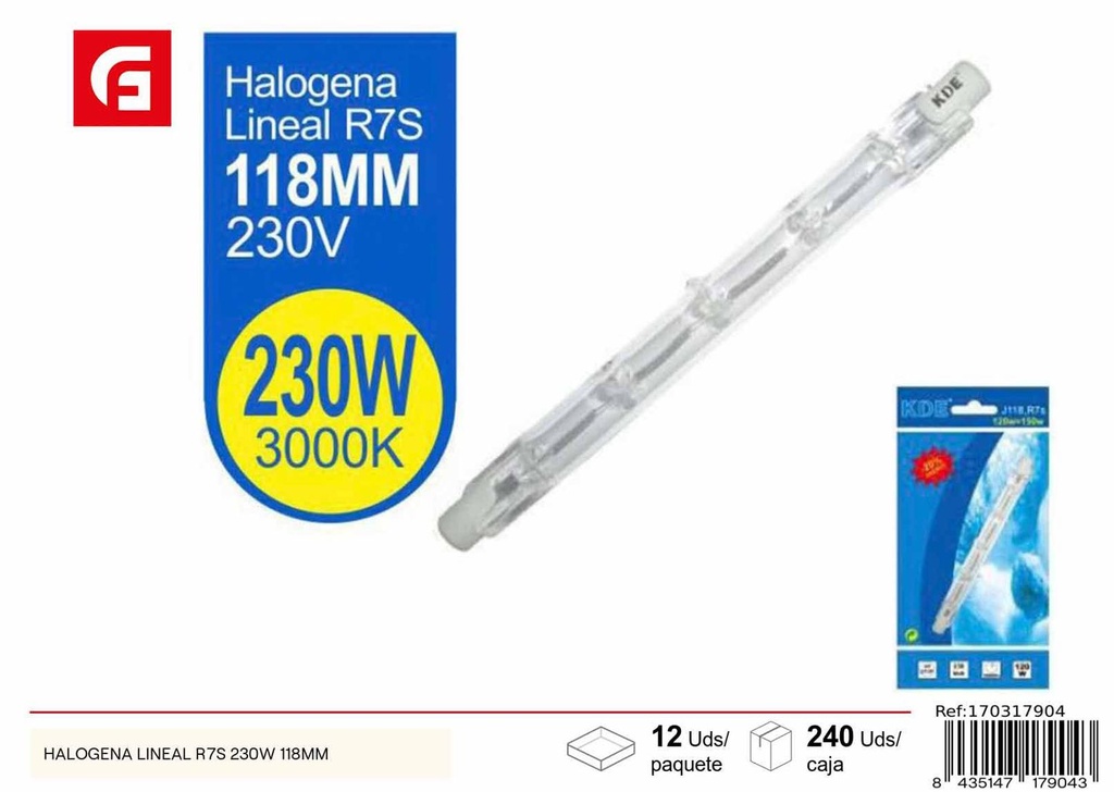 Bombilla halógena lineal R7S 230W 118mm para iluminación