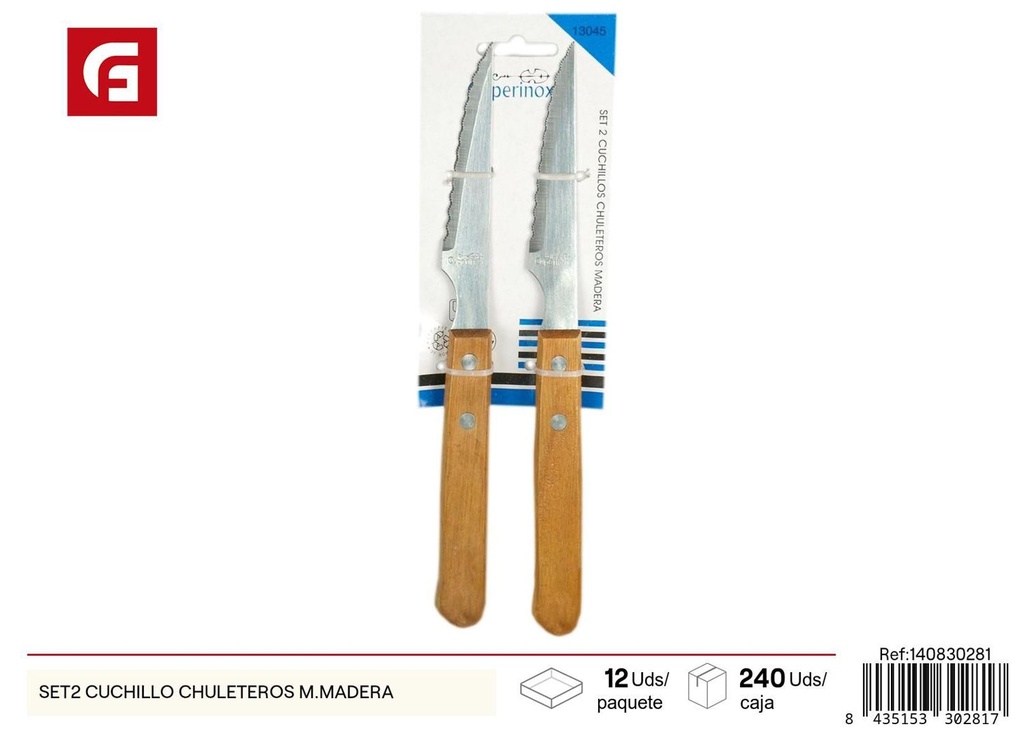 Set de 2 cuchillos chuleteros con mango de madera para carnes