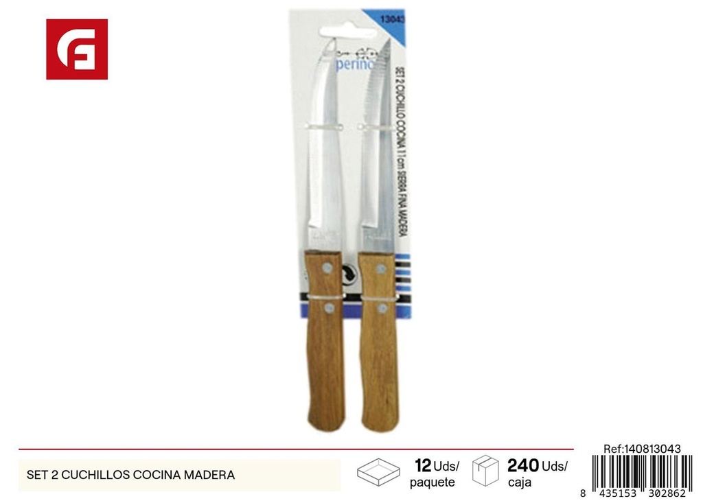 Set de 2 cuchillos de cocina con mango de madera para cortar y preparar alimentos