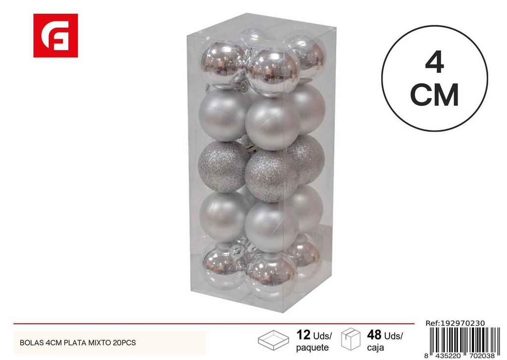 Colgante de bolas 4 cm plata mixto set 20 pcs