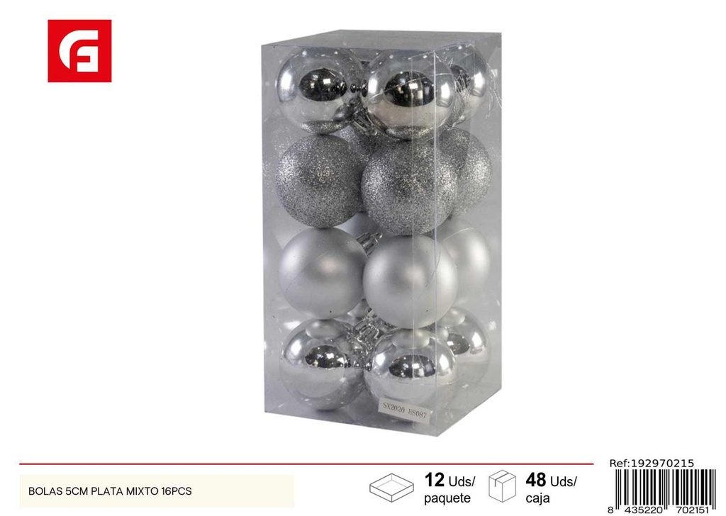 Bolas navideñas de 5 cm plata mixto 16 unidades - Decoración de Navidad