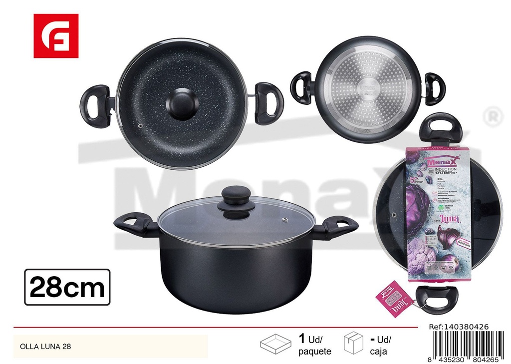Olla negra 28cm diámetro con tapa y mango - Cocina Cocción