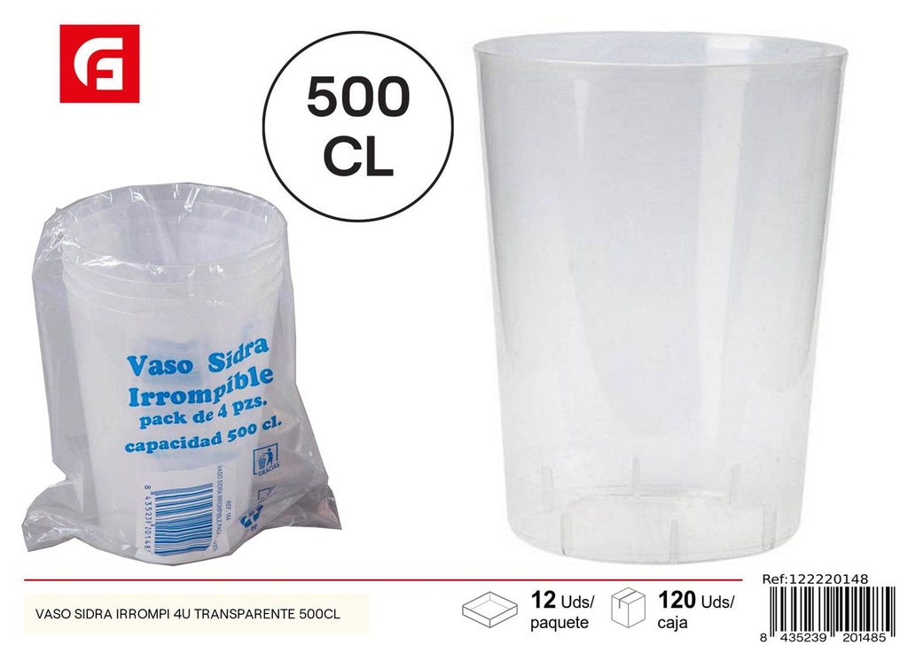 Vaso de sidra irrompible 4u transparente 500cl