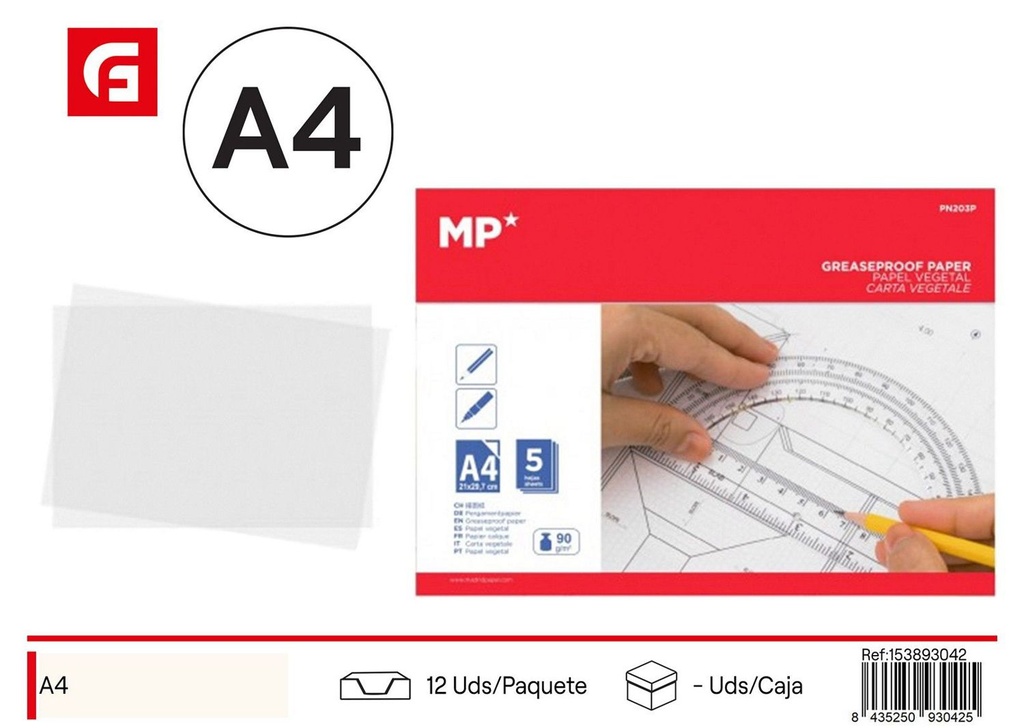 Papel vegetal A4 5 hojas para manualidades y dibujo técnico