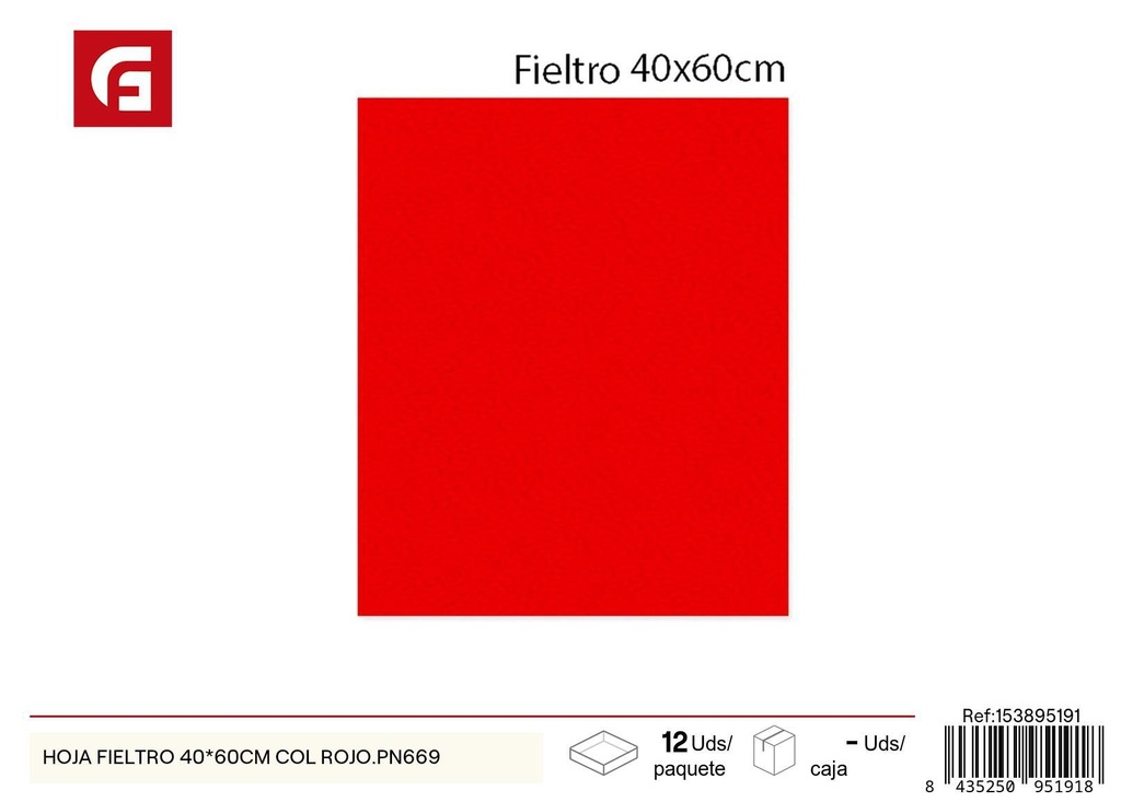 Hoja de fieltro roja 40 x 60 cm PN669 - Material de manualidades y arte
