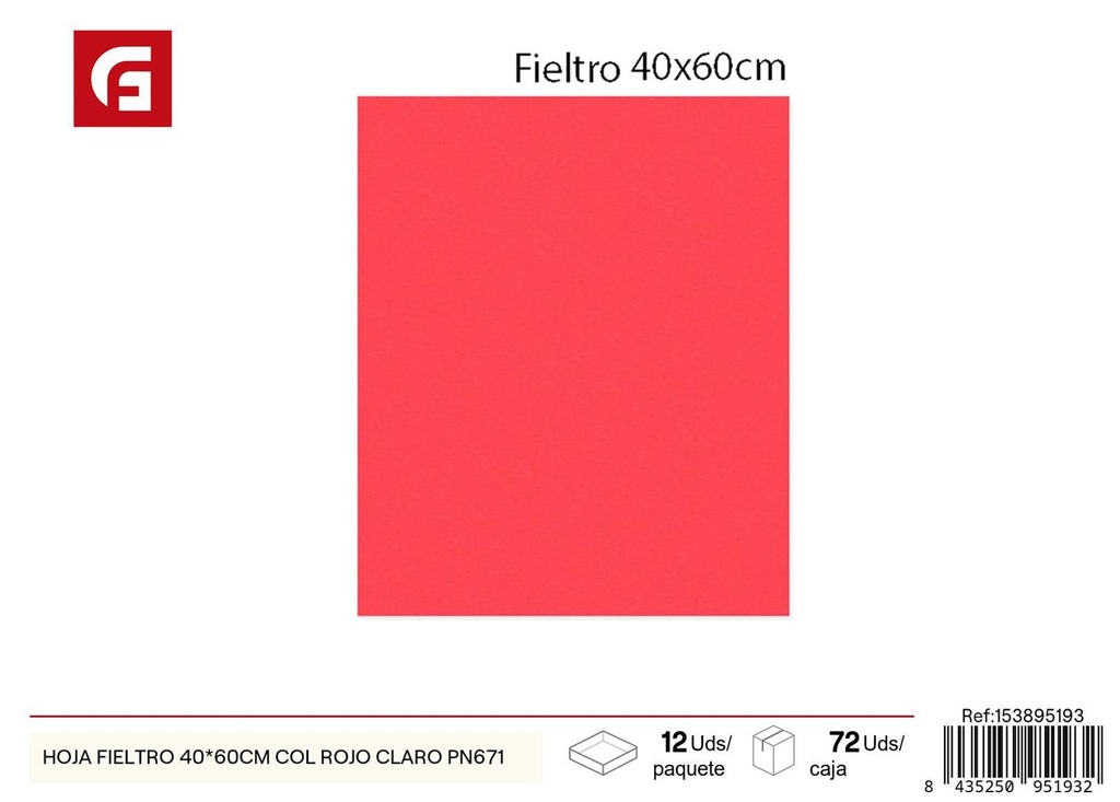 Hoja de fieltro roja 40x60 cm - Materiales para manualidades