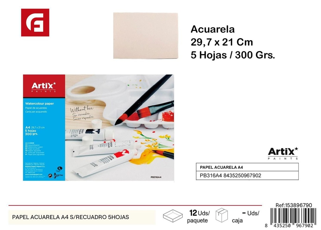 Papel acuarela A4 sin cuadrado 5 hojas - Papelería